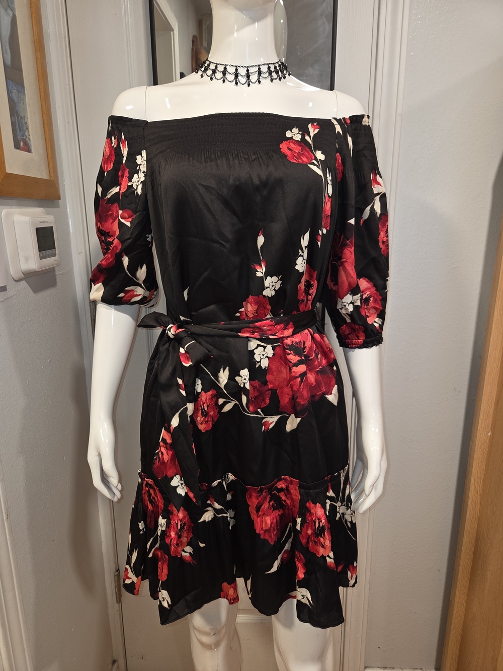 White House Black Market Black One-Shoulder Dress with Red Floral Print